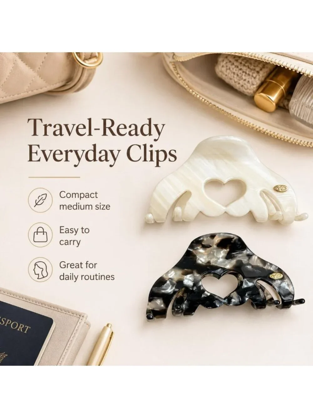 Durable Heart-Shaped Acetate Hair Clips - 2 Pack Medium Claw Clips for Updos
